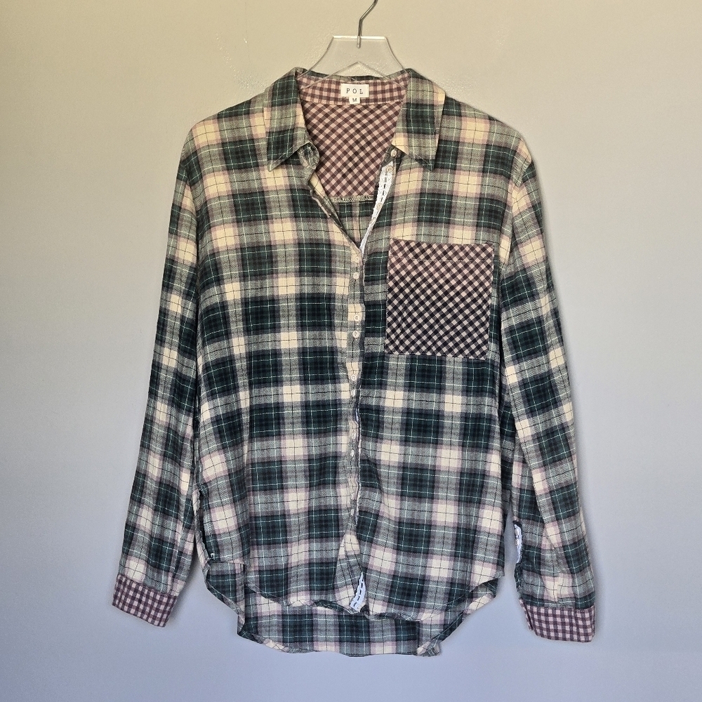 POL Contrast Flannel Plaid Check Lace Button Down Shirt Relaxed Boyfriend Fit M - Picture 13 of 14